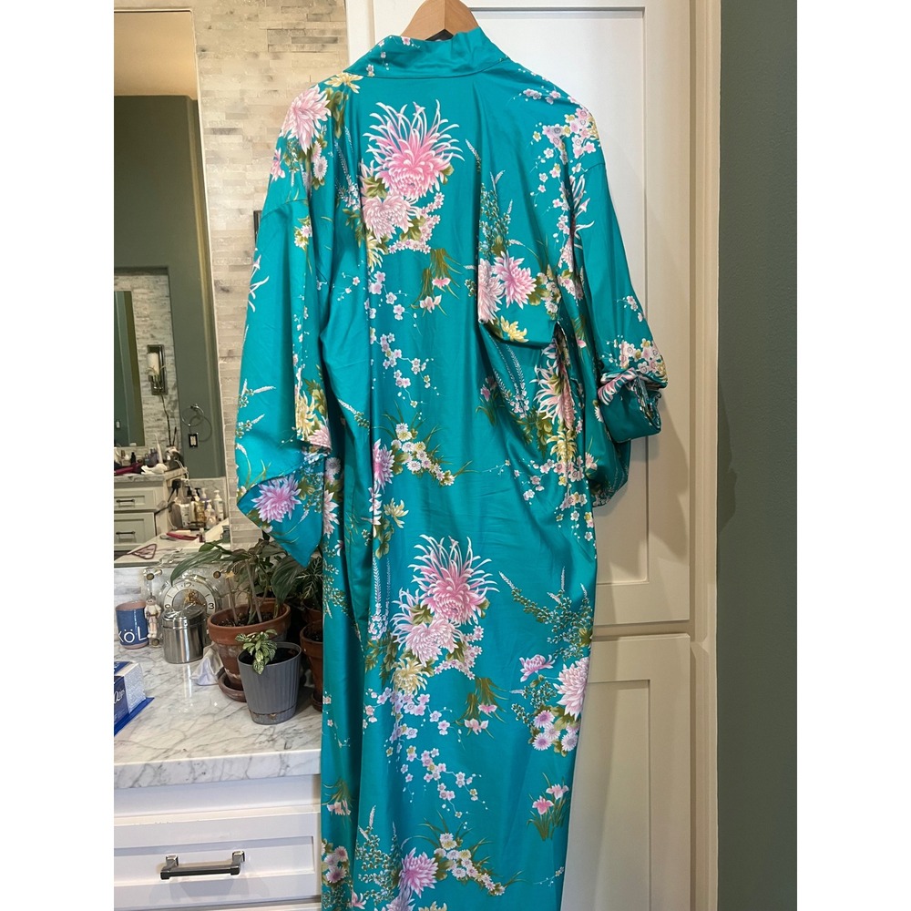 Vintage Japanese Cotton Kimono Robe Teal Pink Floral Chrysanthemum Yukata Japan - Picture 7 of 9